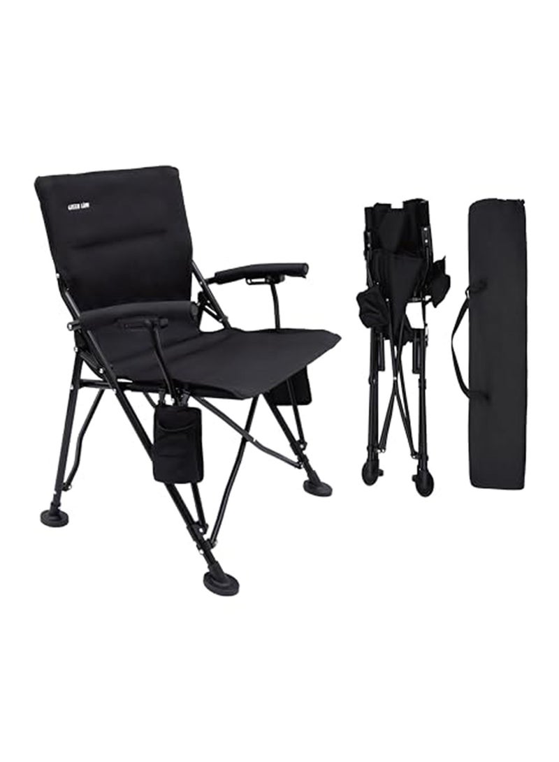 جرين ليون كرسي تخييم محمول مع حقيبة حمل، سعة وزن 150 كجم، جيب لحمل الزجاجة، أقدام مقاومة للانزلاق، كرسي قابل للطي، إعداد سهل للصيد، كرسي قابل للطي للشاطئ ومقاعد السفر، مادة أكسفورد 1100D، سهل الحمل للاستخدام الخارجي، النزهات، والمشي - أسود - Image 1